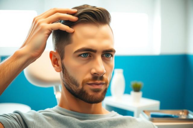 Man in a barber shop, seen from the chest up, with a thoughtful expression. He's wearing a gray t-shirt and has short hair. The background features blue walls and barber equipment. A modern, stylish setting.