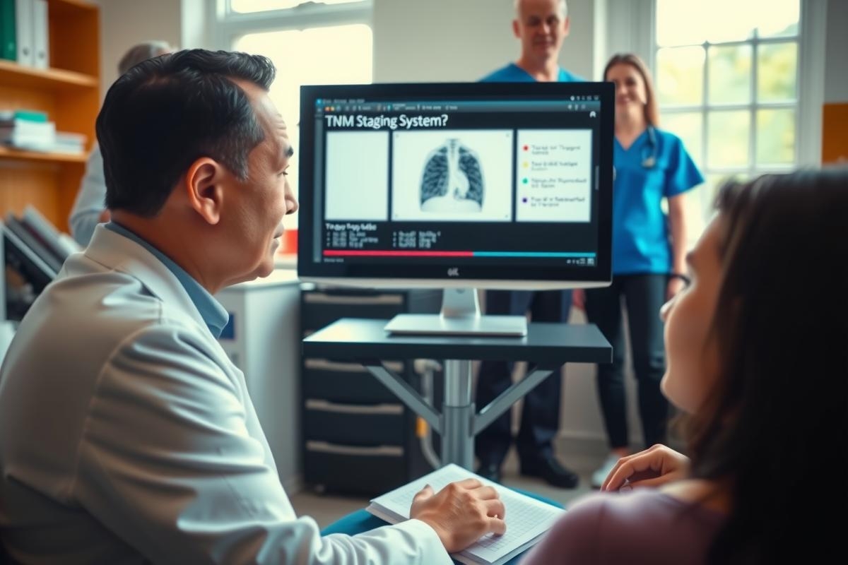 The image shows a medical professional, likely a doctor, standing and addressing an audience in a conference room. The presentation on the large screen behind him appears to be about health technology or medical advancements. There are multiple people present, some seated at tables with laptops, suggesting a workshop or seminar setting.