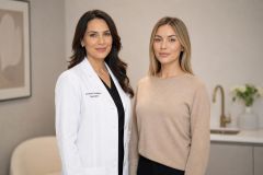 Clinician and patient in a calm cosmetic clinic consultation setting, professional and welcoming.