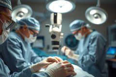 Surgeons in scrubs and masks perform a surgical procedure in an operating room. Focus on gloved hands and medical equipment. Sterile environment with bright overhead lights. Healthcare professionals.