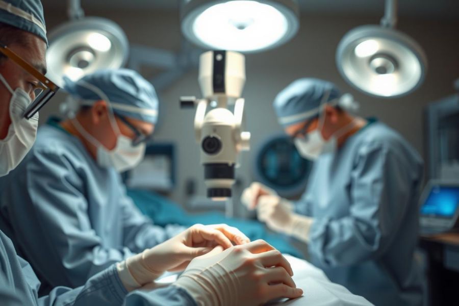 Surgeons in scrubs and masks perform a surgical procedure in an operating room. Focus on gloved hands and medical equipment. Sterile environment with bright overhead lights. Healthcare professionals.