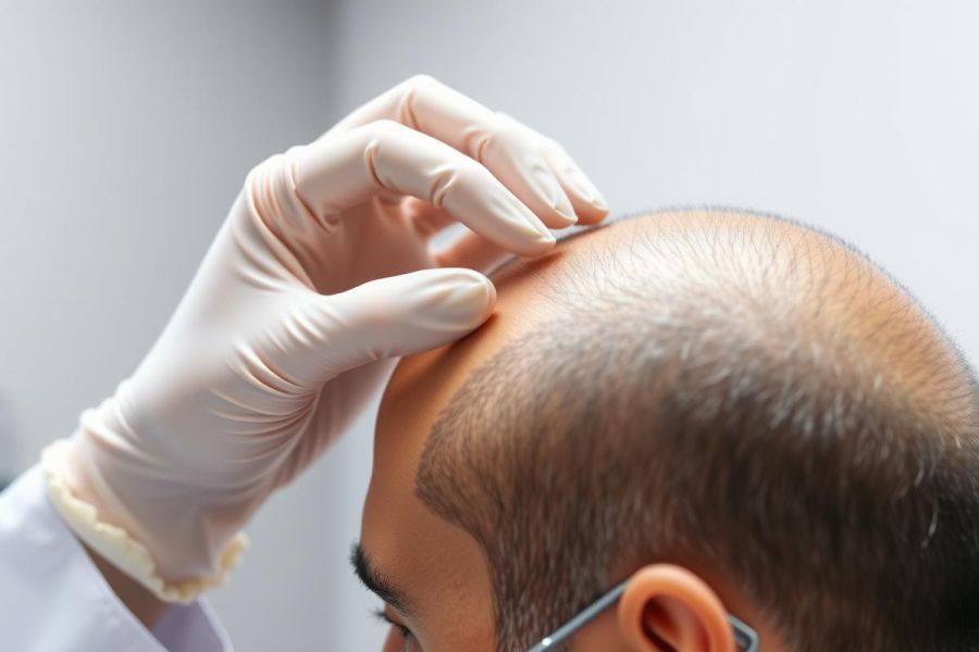 Doctor examining patient's scalp with gloved hand. Close-up view of a dermatology checkup. Focus on skin health and medical assessment. Blue scrubs, professional setting.