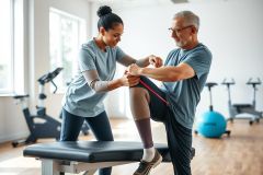 Physical therapy session in a gym. A therapist assists a patient with leg exercises using a resistance band. The scene features a modern gym setting with exercise equipment and neutral color tones. Focus on rehabilitation and fitness recovery.