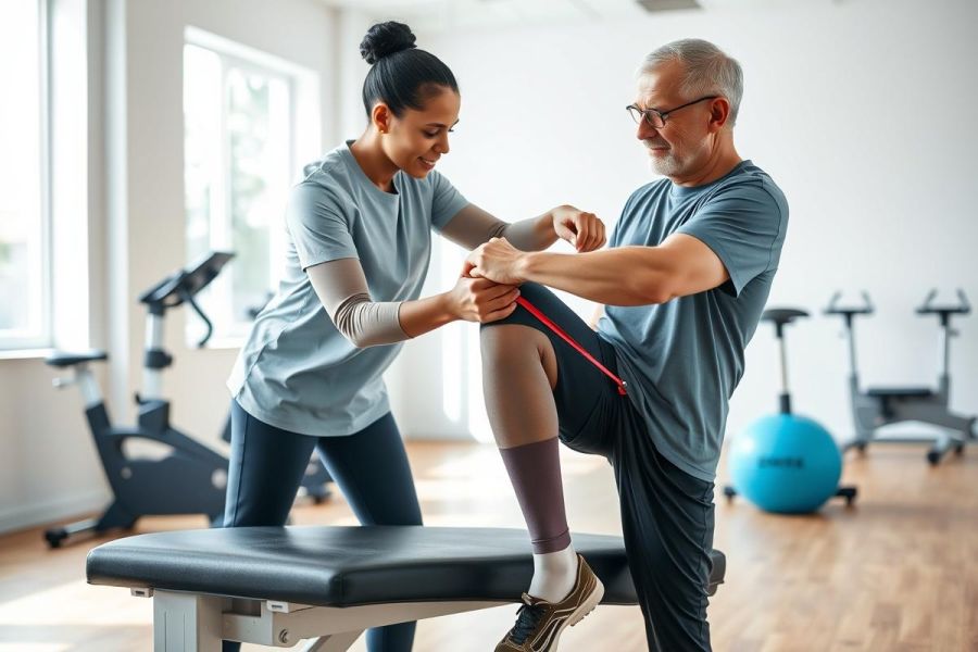 Physical therapy session in a gym. A therapist assists a patient with leg exercises using a resistance band. The scene features a modern gym setting with exercise equipment and neutral color tones. Focus on rehabilitation and fitness recovery.