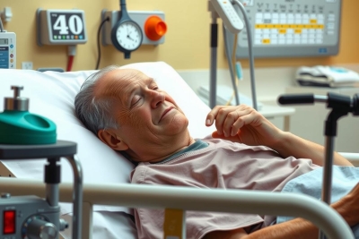 Older gentleman in hospital bed with medical equipment around. He's looking away from the camera, and there are various monitors and instruments by his side.