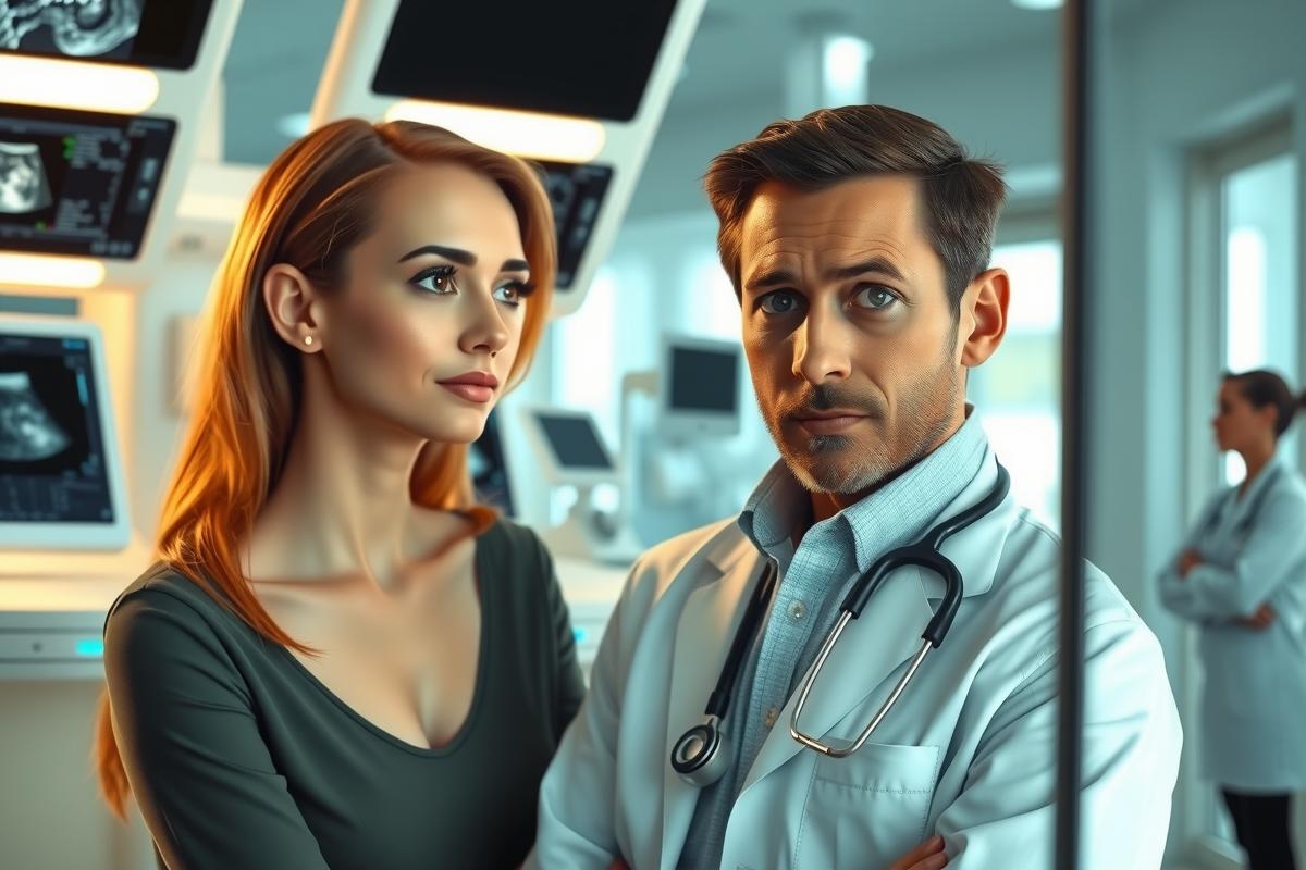The image features two characters in a hospital setting. On the left, a woman with red hair is wearing a green dress and appears to be under stress or intense focus. To her right stands a man with short dark hair who is dressed as a doctor in a white coat and stethoscope around his neck, suggesting he might be assessing her condition or offering medical advice.