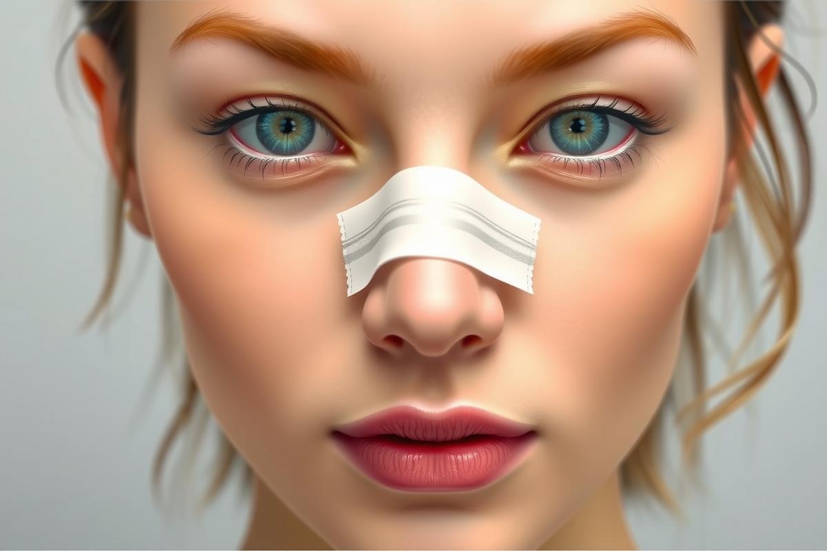 The image features a close-up of a woman's face. She has fair skin, blue eyes, and light-colored hair. The focus is on her nose where she is using a white adhesive bandage or tape.