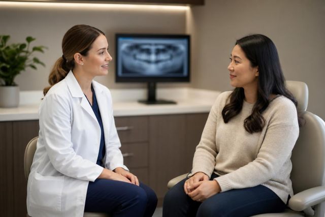 Dentist consulting with patient in a modern dental operatory, dental X‑ray visible on monitor.