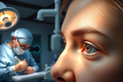 The image is a close-up of a woman's face in a medical setting. The focus is on her eyes, which are reddened, possibly due to a condition like allergies or irritation. Behind the woman, there is an ophthalmologist examining her. The environment suggests a clinical eye examination with medical equipment around them.