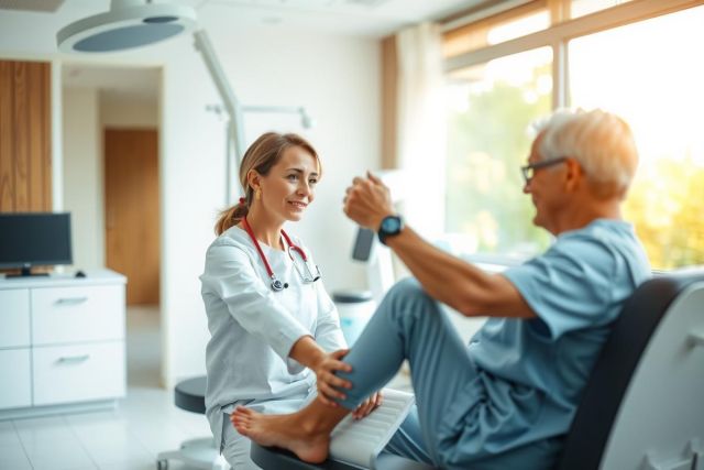 Doctor examines patient's foot during a medical check-up in a bright clinic setting. Focus on healthcare, examination, and patient care.