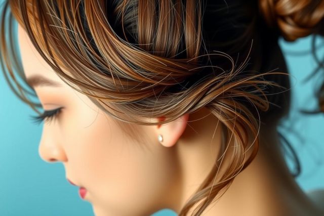 Close-up profile portrait of a woman with long, flowing brown hair and delicate features. The background is a soft blue, highlighting her elegant profile and showcasing a subtle earring. A beauty and fashion shot.