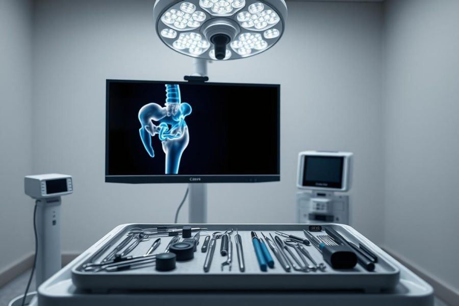 Surgical scene featuring orthopedic tools and a monitor displaying a 3D image of a hip joint. The sterile operating room environment is brightly lit with surgical lamps, showcasing blue and silver tones. Focus on medical equipment and hip anatomy for orthopedic surgery.