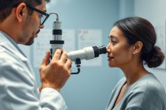 Optometrist examining a patient's eyes with diagnostic equipment in a medical office setting. The image showcases a professional eye exam with a focus on eye care and health, featuring a doctor and a patient in a bright, clean environment. Predominant colors are blue and gray.
