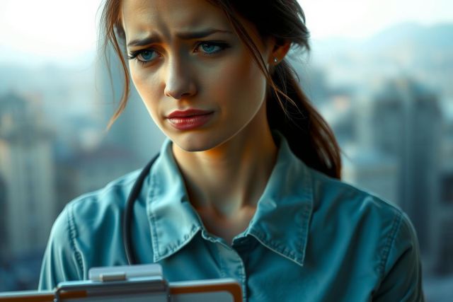 This image features a woman in a medical or emergency professional outfit, looking concerned. She is indoors with an urban skyline visible through large windows, suggesting a high-rise building. The color scheme is muted with the woman's attire being in shades of blue and her hair in dark tones contrasting with the lighter skin tone. 