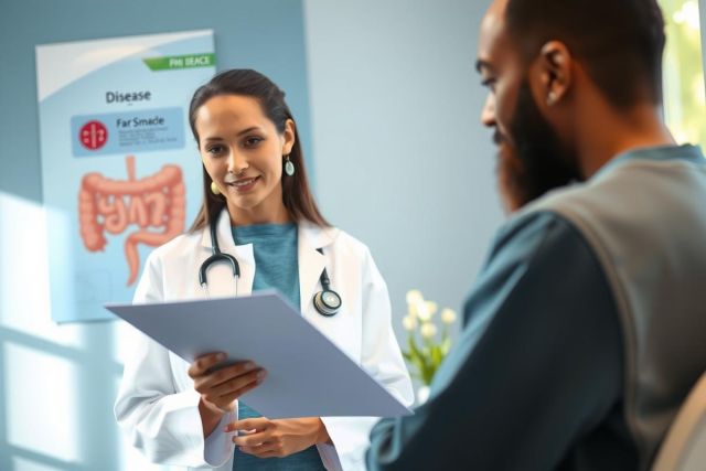 Doctor examining a patient in a clinic setting. The female doctor wears a white coat and stethoscope, holding a document. Warm lighting and a calm environment create a professional medical consultation scene.