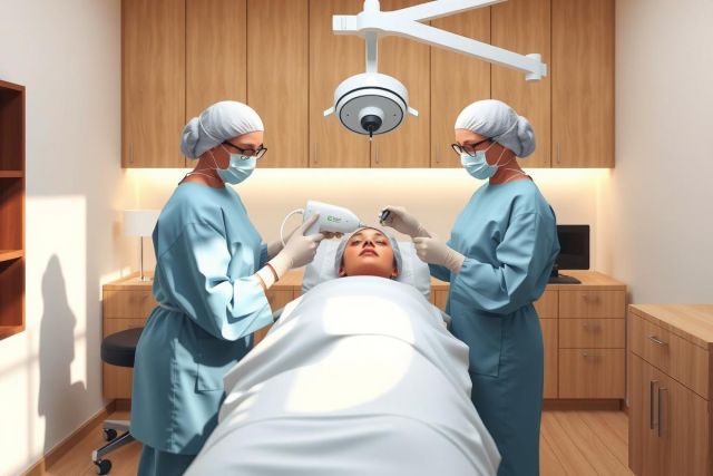 This image depicts a medical setting, specifically focusing on cosmetic surgery. There are two medical professionals, likely surgeons, dressed in scrubs and wearing surgical masks. They are standing on either side of a patient who is lying down on a surgical bed. The room appears to be well-equipped for such procedures, with a light above the operating table which is commonly used for medical examinations and surgeries.