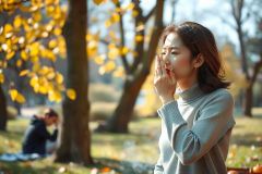 The image shows a young woman standing outside in autumn. She appears to be enjoying the season, with fallen leaves on the ground and possibly a light jacket worn due to cooler weather.