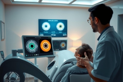 The image portrays a medical setting with two individuals present. One person appears to be the healthcare professional, standing on the right side of the frame, wearing scrubs and an eyeglasses, looking towards a screen that displays various medical images.