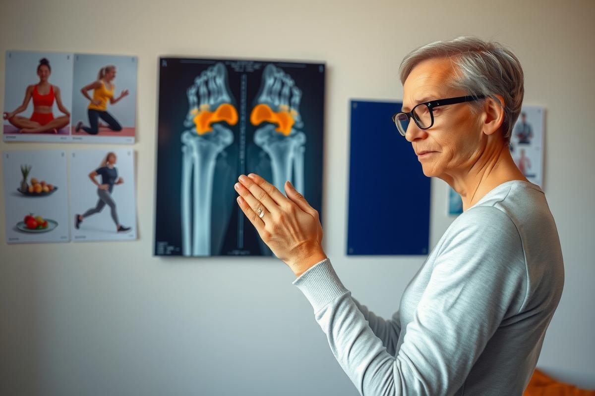 The image portrays a person in an indoor setting, possibly a medical or educational environment. The individual is wearing glasses and is dressed in casual attire with a gray sweater. They are standing in front of a large poster depicting bones and muscles, suggesting a focus on human anatomy.