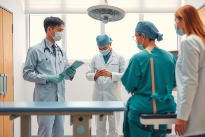 This image depicts a hospital scene where healthcare workers, including doctors and nurses, gather around a patient sitting on an examination table.