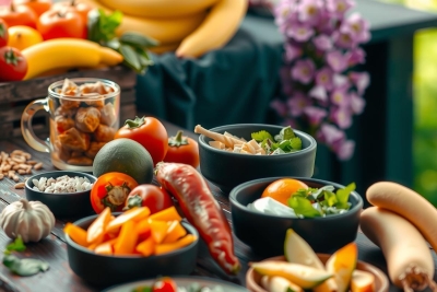 The image showcases a vibrant assortment of fresh fruits and vegetables arranged on a table. There are bowls containing different types of produce, such as oranges, bananas, tomatoes, and apples. The environment suggests an outdoor setting with natural lighting. The colors in the image are rich and varied, reflecting the natural hues of the fruits and vegetables. 