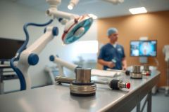 Surgical instruments on a table in an operating room. Focus is on the tools, with a blurred surgeon in the background. Clean, sterile environment with blue and silver tones, highlighting medical technology and procedure.