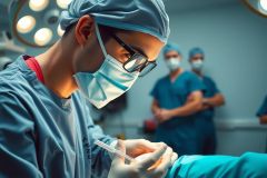 Surgeon performing a procedure in an operating room. The scene features medical professionals in scrubs and masks, showcasing a sterile environment and focused medical activity. Blue and white dominate the color palette.