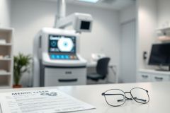Modern medical office with laser equipment. Bright, clean interior featuring a white and gray laser machine, desk with glasses and paperwork, and blurred background with a computer. Focus on healthcare technology, clinic environment, and professional setting.