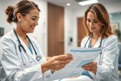 Two female doctors in white coats examine medical documents in a bright, modern hospital setting. Focus on healthcare professionals, patient records, and collaborative medical discussion. Warm lighting and neutral tones dominate the scene.