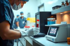 Laboratory technician in gloves weighs samples in a cleanroom setting. Focus on precision and scientific analysis, with visible vials and weighing equipment. A sterile environment emphasizing healthcare and research.