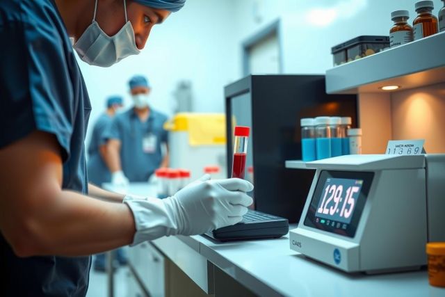 Laboratory technician in gloves weighs samples in a cleanroom setting. Focus on precision and scientific analysis, with visible vials and weighing equipment. A sterile environment emphasizing healthcare and research.