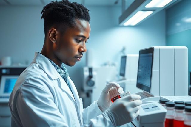 Scientist in a modern laboratory analyzing blood samples. The image shows a focused researcher wearing gloves and a white lab coat, working with medical equipment and vials. Cool blue and white tones dominate the scene, highlighting the scientific environment and precision of the work. Healthcare, research, and lab settings are evident.