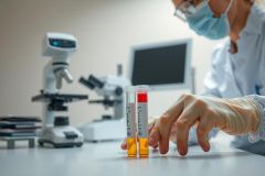 Lab technician examines blood samples in test tubes during analysis. The image showcases a clinical setting with equipment like a microscope, focusing on the hands and vials. Represents medical diagnostics and healthcare.