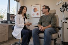 Ophthalmologist consulting with patient in exam room, phoropter and eye chart visible.