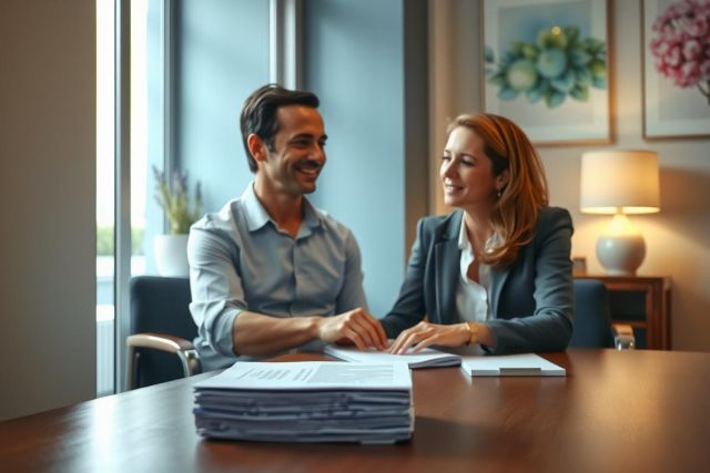 Business meeting in a modern office. Two professionals, a man and a woman, are sitting at a table reviewing documents. Natural light and a warm color palette create a professional and collaborative atmosphere.