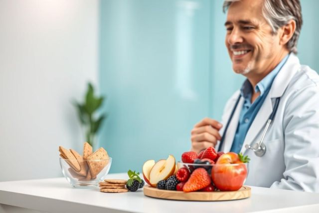 A smiling doctor in a white coat stands near a table with fresh fruit and crackers. The image promotes healthy eating and wellness, featuring a vibrant mix of red, green, and blue tones in a bright, modern medical setting. Ideal for nutrition, healthcare, and healthy lifestyle content.