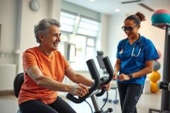 Man exercising on a stationary bike with a healthcare professional nearby. The scene takes place in a gym with exercise equipment, featuring orange and blue tones. Focus on rehabilitation and fitness.