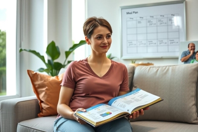 A woman is sitting on a couch, holding an open book. She is smiling and appears to be reading or presenting the content of the book. The setting suggests a casual, possibly home office environment with modern decor. The colors are warm with pinkish hues from her shirt, contrasting against the cooler tones of the room and furniture.