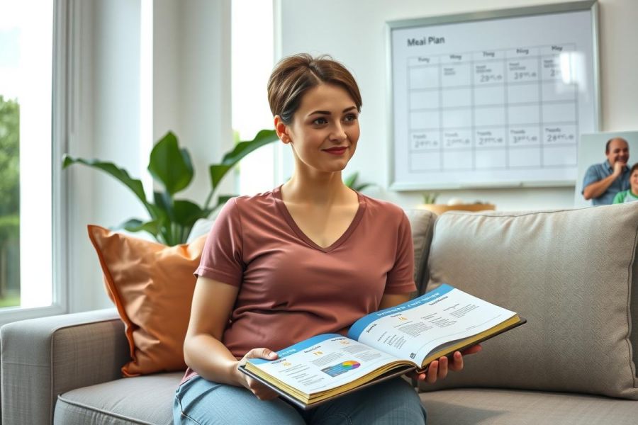 A woman is sitting on a couch, holding an open book. She is smiling and appears to be reading or presenting the content of the book. The setting suggests a casual, possibly home office environment with modern decor. The colors are warm with pinkish hues from her shirt, contrasting against the cooler tones of the room and furniture.