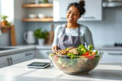 Healthy salad in a glass bowl on a kitchen counter. A smiling woman in an apron stands behind the salad, suggesting a nutritious meal prep. Bright, natural light highlights the fresh greens, chicken, and colorful vegetables. Modern kitchen decor with white cabinets and wooden shelving.