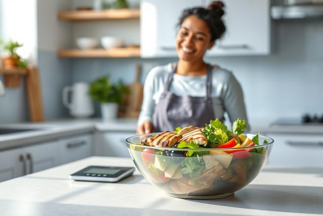 Healthy salad in a glass bowl on a kitchen counter. A smiling woman in an apron stands behind the salad, suggesting a nutritious meal prep. Bright, natural light highlights the fresh greens, chicken, and colorful vegetables. Modern kitchen decor with white cabinets and wooden shelving.