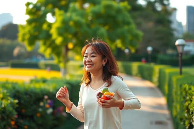 A cheerful woman running in a park, holding a bowl of fresh fruit. She is smiling and appears to be enjoying her healthy snack while exercising.