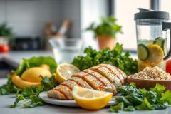 Grilled chicken breast with lemon slices and parsley on a plate. Healthy food preparation, close-up, vibrant green herbs, and bright citrus. Focus on fresh ingredients and a clean, modern kitchen setting.