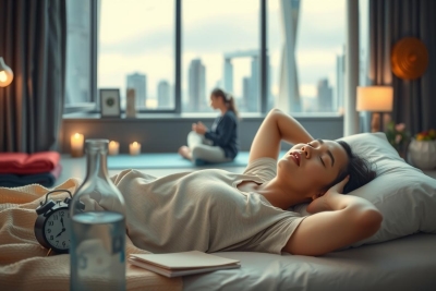 A person is lying down on a bed with their eyes closed, possibly asleep or relaxed. They have their arms laid out by their side. The room has large windows that offer a view of the city outside. There is also another person seated at a desk facing away from the camera, working or using a computer. The overall ambiance suggests a serene moment captured in an urban setting.