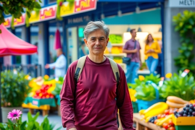 An older man standing in front of a fruit stand with other people looking at the fruit stand. The photo is taken from a low angle and has a vibrant color palette with red, green, yellow, and purple hues.