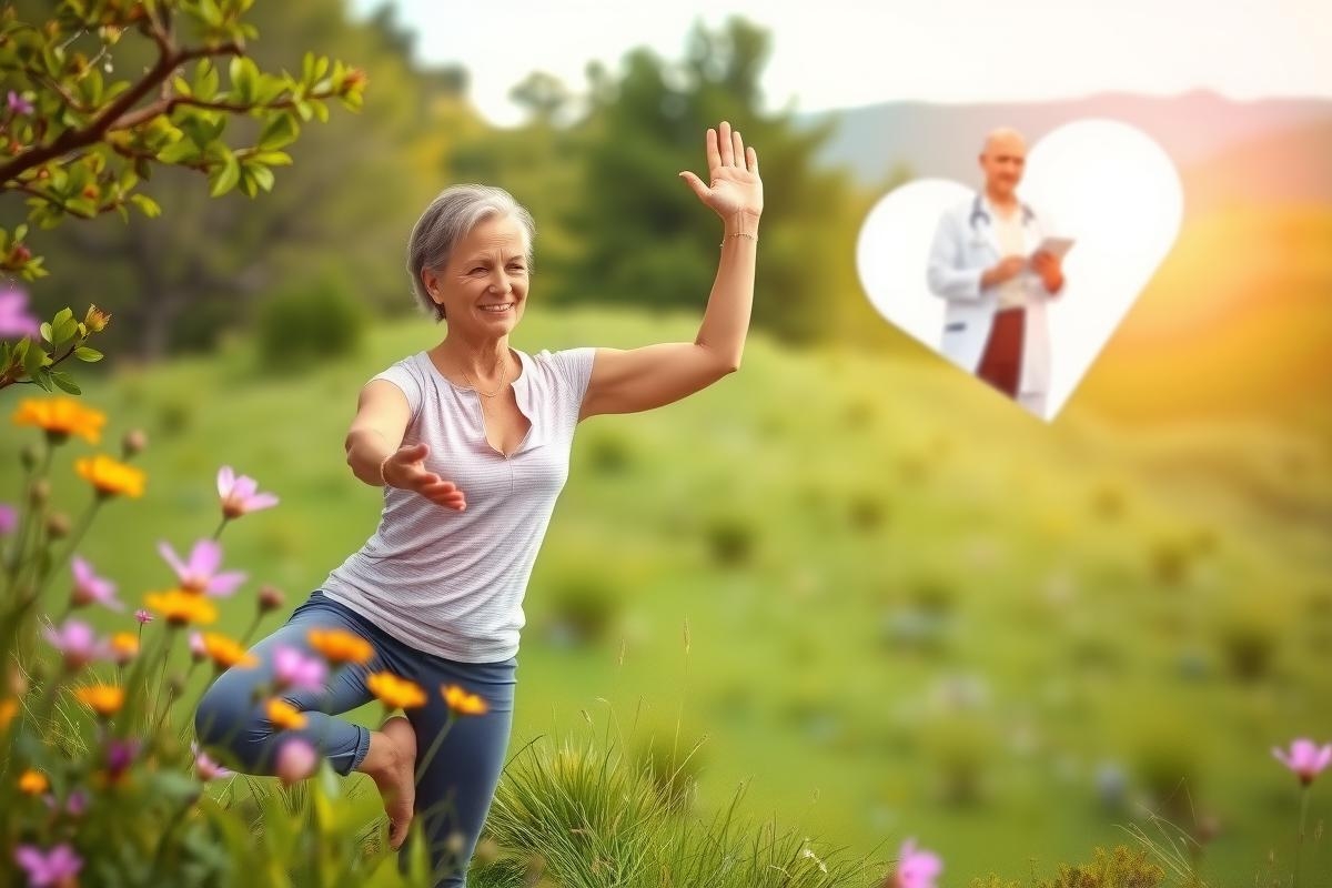 The image shows a woman practicing yoga on a grassy field. She is holding her hands in front of her chest with palms facing upwards, possibly doing a heart-opening pose or gesture. In the background, there's an elderly man seated and smiling at the camera. The environment appears to be a park or outdoor space during what looks like either sunrise or sunset due to the warm golden light illuminating the scene. The colors are bright with a pastel tone, enhancing the serene atmosphere of the setting.