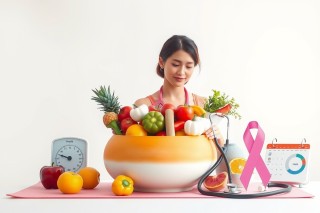 A woman is holding a large bowl of fruit in front of a scale. The woman is wearing a red shirt and her eyes are closed as she gazes at the fruit. In front of the bowl, there are three oranges and two lemons arranged on a white tablecloth. To the right of the bowl, there is a pink scale with a small green plant next to it. To the left of the bowl, there is a blue thermometer. The scene appears to be set in a kitchen or dining area with a plain white wall visible behind the woman and the fruit bowl. This image seems to convey a message about healthy eating and maintaining a balanced diet.