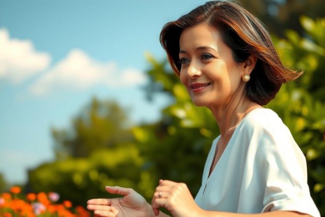 The image features a smiling woman standing in front of a garden. She appears to be engaged in an outdoor setting, with a light blue sky above and greenery behind her. The colors are soft and naturalistic, suggesting a pleasant and serene environment.