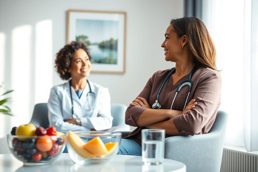 Doctors meet in a bright, modern healthcare setting. The scene features a smiling doctor in a white coat and another with a stethoscope, surrounded by fresh fruit and a calming interior. The focus is on health, healthcare, and patient care.