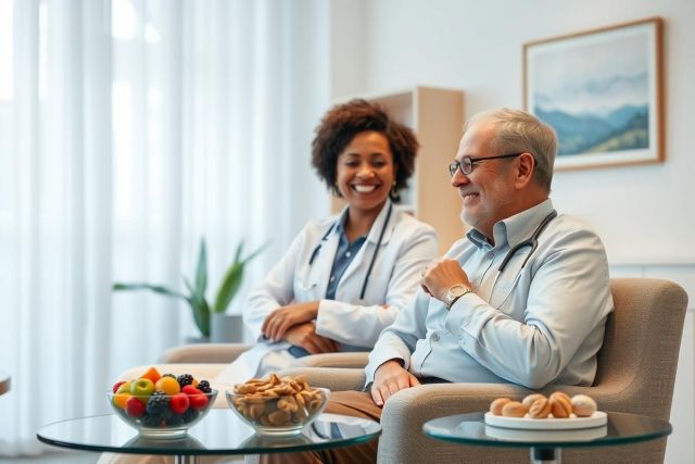 Senior man relaxing in a bright, modern healthcare setting with a smiling doctor. Fruit bowl and pastries on a table suggest patient comfort and wellness. Warm colors and a friendly atmosphere depict senior care and positive medical experience.
